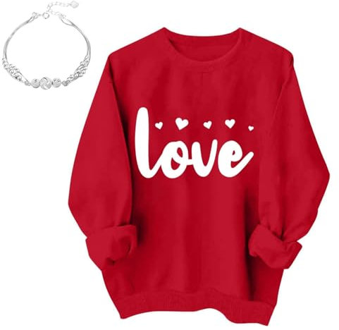 Valentinstag Armband und Herz-Print Sweatshirt Damen 925er Sterlingsilber Armreif Liebesherz Armbänder Elegant Lässig Oberteile Y2K Langarm Rundhals Pullover Red Valentines Top