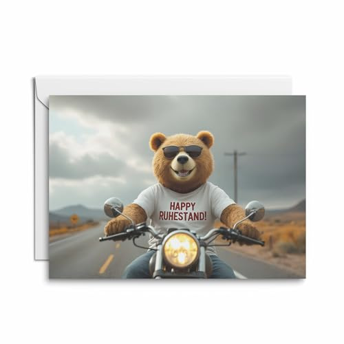 Kartenkaufrausch Lustige Abschiedskarte für den Ruhestand mit coolem Biker-Bär auf Motorrad – Happy Ruhestand! Für humorvolle Pensionierungen und stilvolle Glückwünsche.