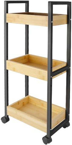 HUOLE Servierwagen mit Rollen, Bambus, mit Regal, 3 Körben, 3 Ebenen, Servierwagen, Regal mit Rollen, für Badezimmer, Küche, aus Bambus, 20 x 30 x 80 cm, Schwarz
