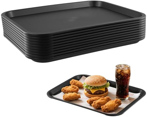 CHUENHEI 10 Stück 35 x 27 cm Plastik Tablett Rechteckig, Kunststoff Serviertablett Rechteckig Schwarz, Rechteckige rutschfest Kellner Tablett für Küche, Restaurant, Cafeteria