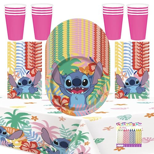 Stitch Party Supplies Pack for 16 Guests – Officially Licensed | Dessert Plates, Napkins, Cups & Table Cover + 24 Birthday Candles | Stitch Birthday Decorations Set