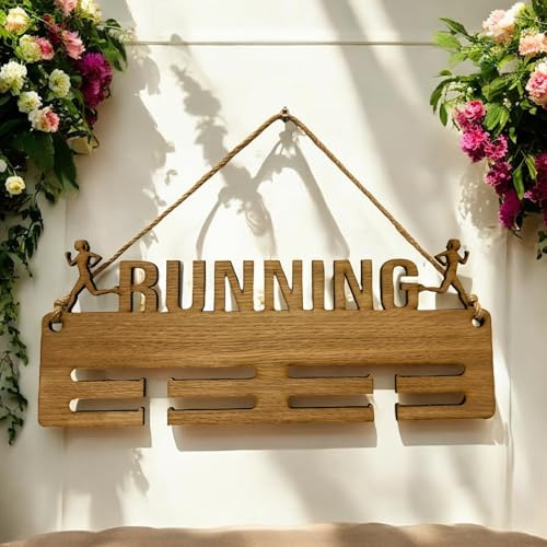 Super Cool Creations Espositore per medaglie in legno da corsa, porta medaglie sportive con corda, montaggio a parete, finitura in rovere