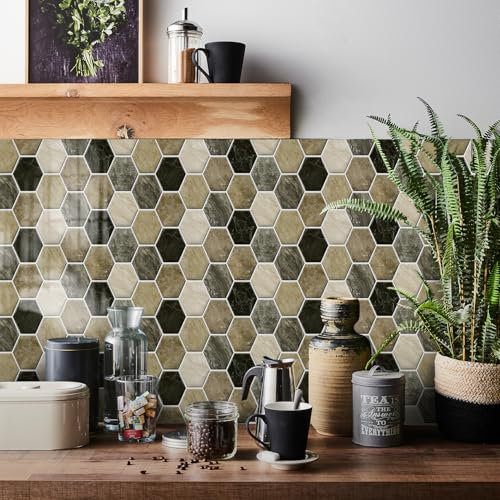 Tile Stickers Yellow Geometric Marble Stick on Tiles for Bathroom Kitchen Home Decors PVC Waterproof Oilproof Peel and Stick Self Adhesive Wall Tiles 15x30 cm/30 pcs