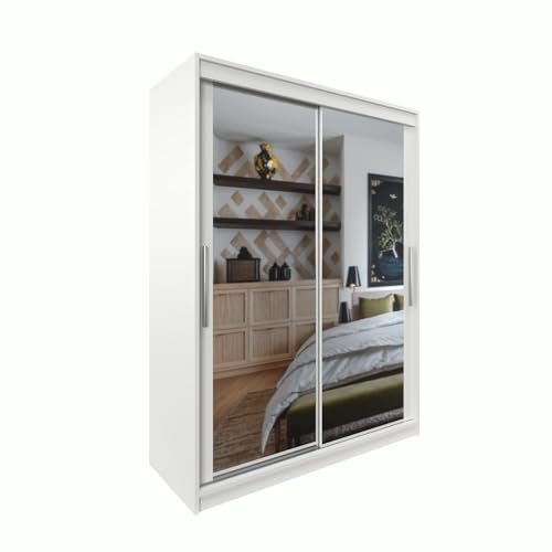 Easy4You White Series Vollspiegel 120 cm Schwebetürenschrank Breiten 100/120/150/180/200 cm Möbel für Schlafzimmer Wohnzimmer Kleiderschrank mit Kleiderstange