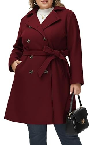 Hanna Nikole Damen Wollmantel Große Größen Zweireihiger Winter Mantel mit Taschen Gürtel Langarm Mittellanger Trenchcoat