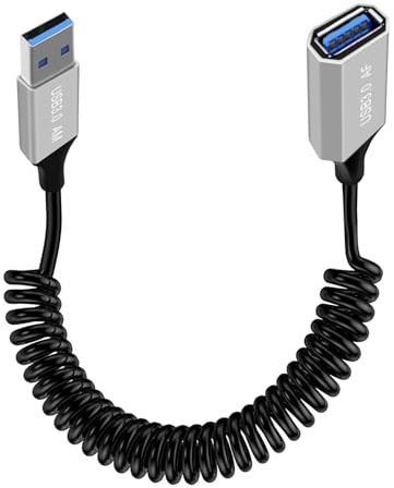YINGAYOU Alargador Cable USB 3.0 Espiral Cable USB Macho Hembra Espiral Funda Aleación de Aluminio Alta Velocidad 5 Gbps para Lector Flash Ratón Teclado Cámara Salpicadero (Negro, 1 m)