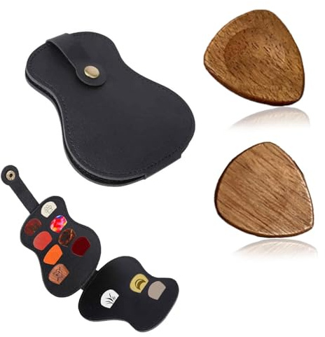 2 Stück Plektren Gitarre Plektrum Guitar Picks, Gitarren Picks Halter PU-Leder Plektren Organizer, Holz-Gitarrenplektren, 2.3 mm Dicke, Gitarrenplektren, für Bassgitarre, Ukulele (Schwarz 1)