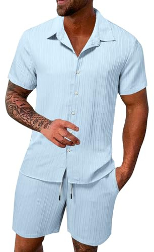 Generisch 2 Teiler Herren Sommer Shirt Leinenanzug Zweiteiler Kurz Button-Up Revers Einfarbig Hemd und Shorts, Beach Shirt Kurze Hose Set Leinen Anzug Leicht Hemd Und Shorts Herren Set