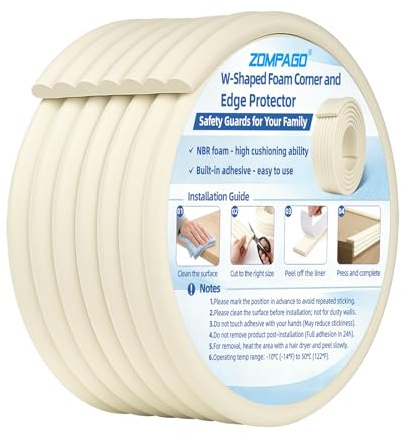 ZOMPAGO 2m Schaumstoff Kantenschutz, Selbstklebende W-förmige Stoßleiste | 1Rollen x 2m, Schaumstoffpolster, Sicherheitsleiste für Kinderzimmer,Wand-Ecken,Tisch und Kamin,Beige
