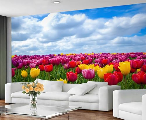 GIVLWF Wallpaper Tulips Mural & Room Decor, Garden Bedroom Wallpaper, Nature Flowers Wall Paper for Living Room, Non-Self-Adhesive, Murals for Walls