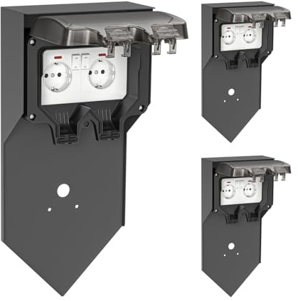 ledscom.de 3x Garten Steckdosensäule POXO für außen, IP65, 2-fach, Edelstahl, anthrazit/schwarz, eckig, 40 cm