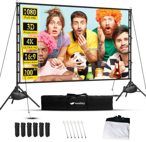 Wootfairy 200 inch Projector Screen with Stand, 4K HD 16:9 Big Size Screen | Foldable Projection ScreenRear Front Wrinkle-Free Movie Screen with Carry Bag for Indoor Outdoor Home Theater Backyard Cinema