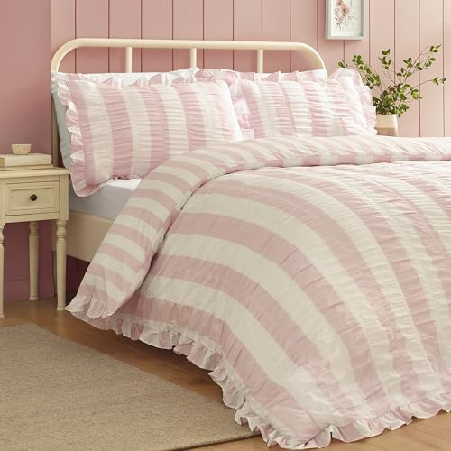 Catherine Lansfield Seersucker Rüschen-Bettwäsche-Set mit Kissenbezug, gestreift, Rosa