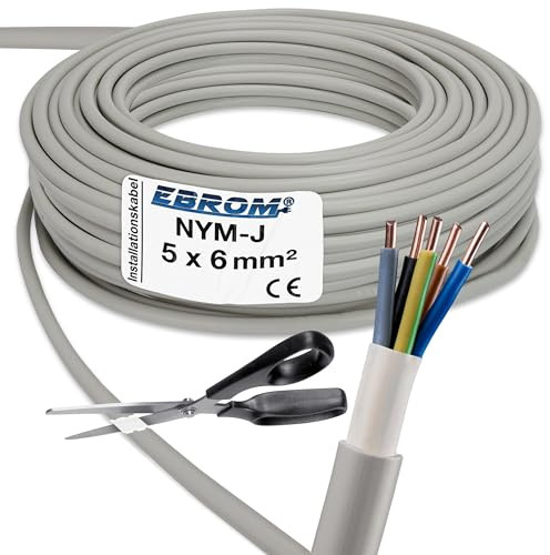 EBROM NYM-J 5x6 mm² Installationskabel Mantelleitung grau - Länge: 25 m | 5m bis 120 m, Installationsleitung Feuchtraumkabel, für die feste Verlegung in trockenen + feuchten Räumen 5x6 mm2 300V/500V