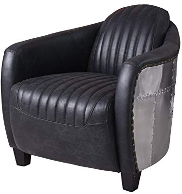 Aviator Sessel Schwarz aus Echtleder mit DC3-Alu-Verkleidung – Handgefärbter Vintage-Look im Art Deco Stil – Exklusiver Flugzeug-Designerclubsessel (80 x 74 x 88 cm) ovl212 Palazzo Exklusiv
