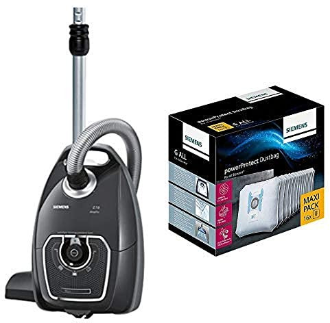 Siemens Z 7.0 Bodenstaubsauger mit Beutel VSZ7A400, sehr niedriger Stromverbrauch, XXL-Polsterdüse, langes Kabel, für Allergiker, schwarz & Siemens PowerProtect Staubsaugerbeutel VZ16GALL