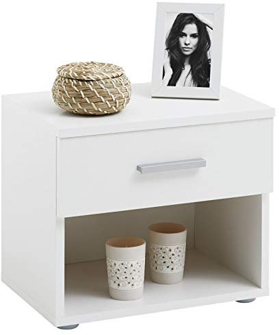 IDIMEX Table de Chevet MAEL, Table de Nuit casier avec 1 tiroir et 1 Niche, en mélaminé Blanc Mat et Blanc Brillant