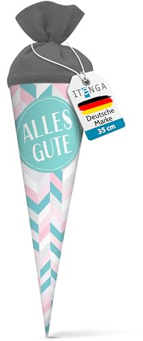 itenga Geschwisterschultüte 35cm Geschenkverpackung Schultüte Zuckertüte klein für Erwachsene Kinder Party (Streifen mit Text Alles Gute)