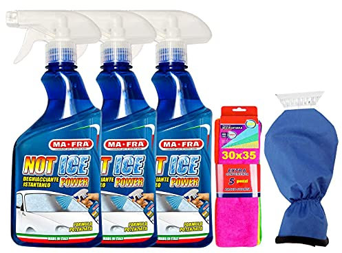 Set 3 Confezioni Mafra, Not Ice Power, Deghiacciante Liquido ad Effetto Immediato, 500ml Insieme Guanto Felpato con RASCHIA GIACCIO 35CM più 5 Panni Microfibra 30x35 cm.