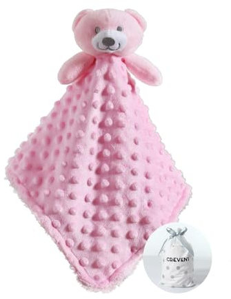 CREVENT Baby Comforting Security Blanket for Baby Boys and Girls, Minky Dot Front + Sherpa Backing (Pink Bear)