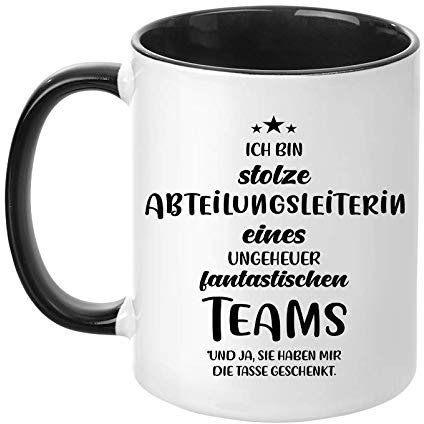 Ticker Tasse avec inscription en allemand Ich bin fierté division d'une équipe fantastique – Imprimé des deux côtés – Tasse à café – Travail – Cadeau de chef – Noir
