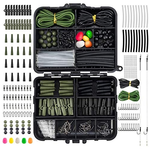 Dr.Fish Set of 280 Carp Fishing Tackle Accessories in Box 2 Ready Hair Rigs Fishing Gift Safety Clips Swivel Snap Corn Tubing, Green Black
