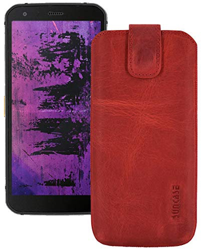 Suncase ECHT Ledertasche Leder Etui *Slim-Edition* kompatibel mit Caterpillar Cat S62 Pro Hülle (mit Rückzugsfunktion und Magnetverschluss) antik-rot