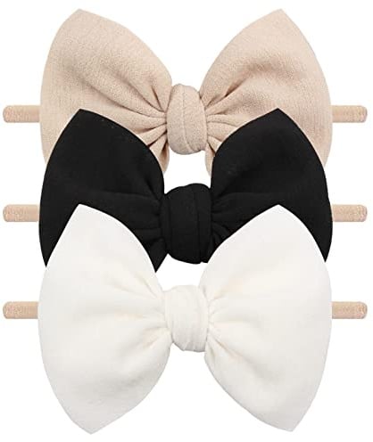 YanJie Baby Girls Nylon Headbands Newborn Bows Handmade Hair Hairbands Accessories for Infant Toddlers Kids(Beige Black White)