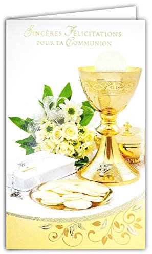 19-631 Carte Porte-Billet avec Enveloppe Félicitations pour ta COMMUNION en Or Doré Cuivré Brillant Osties Coupe Croix Catholique Chapelet Bible Fleurs Roses Blanches Fête Printemps