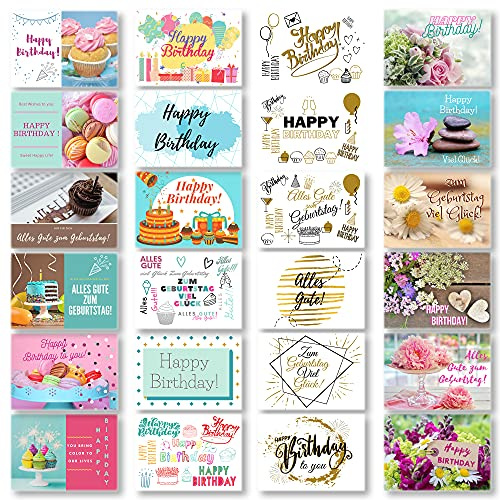 Domelo Geburtstagskarten 24er Set mit Umschlag, Happy Birthday Postkarten, Kraftpapier Karten zum Geburtstag, Geburtstagskarte für Mann/Frau/Kinder, Postkarte als Grußkarten (Set 2)