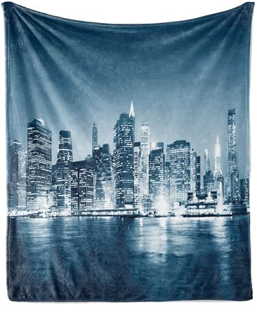 ABAKUHAUS Stadt Weiche Kuscheldecke Sofadecke, New York Amerika Wolkenkratzer, Gemütlicher Plüsch für den Innen- und Außenbereich, 125 x 175 cm, Blau, Grau, Blau Petrol