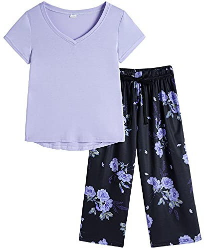 MyFav Damen Kurzarm Pyjama Sommer Zweiteiliger Schlafanzug Lounge Nachtwäsche Sleepwear(violett,XL)