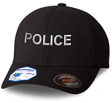 Flexfit Kappe für Damen und Herren, bestickt, Polizei-Block-Stil, Flexfit-Mütze, Baseballmützen, Schwarzes Design., S/M