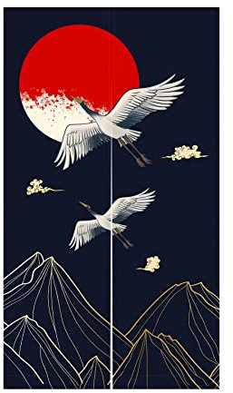 LIGICKY Noren Rideau de Porte de Style Japonais Grues Doré Montagne Rouge Pleine Lune Imprimé Coton Lin Traitement de Fenêtre Tapisserie pour Décoration de la Maison 85x150cm Noir