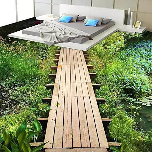 Kundenspezifisches selbstklebendes Bodenbild 3D-Gras-Teich Wasserlinsen-Plankenbrücke Badezimmer Schlafzimmer 3D-Bodenaufkleber PVC Wasserdichte Tapeten, 400 x 280 cm