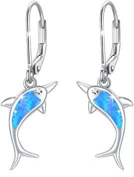 Katze Ohrringe Damen Sterling Silber 925 Opal Ohrstecker Delfin/Katze Hängende Kleine Creolen Ohrringe Mädchen Katze Ohrhänger Tier Schmuck Muttertags Geschenke für Frauen