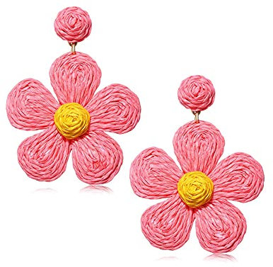 Pendientes de ratán para mujer Flor de rafia Boho Pendientes colgantes Pendientes hechos a mano Borla Pendientes de paja Verano Playa Joyería Regalo para niñas