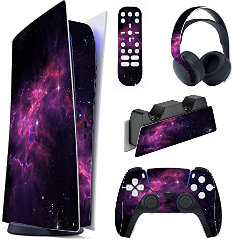 PlayVital Autocollant Protection pour ps5 Manette,Sticker Skin Habillages pour ps5 Digital Console & Station de Charge & Casque & Télécommande Média-Violette Nébuleuse