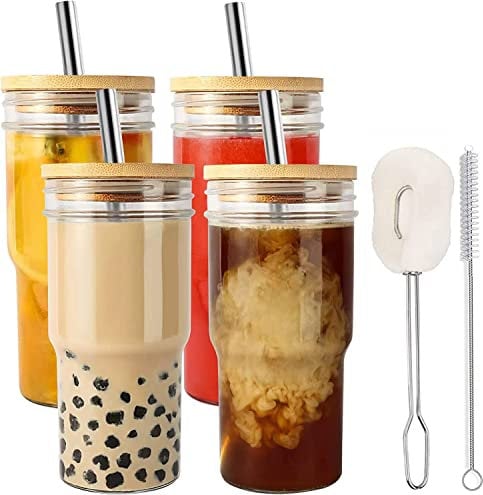 ALINK Reusable Cup Bubble Tea Cup, 4-Pack Wide Mouth 22oz Iced Coffee Glasse Cup Smoothie Tumbler with Lid and Straw, Mason Jar Cup Drinking Glasses Tumbler