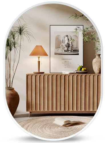 Dripex Espejo Ovalado Pared, con Marco de Aluminio, Espejo Redondo Pared Decorativo para Salón Recibidor Tocador y Baño, 50x70 cm, Blanco