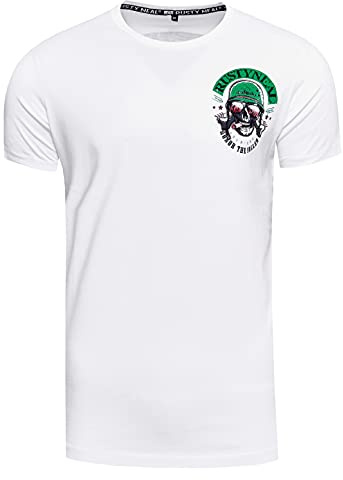 Herren T-Shirt Rundhals Printed Biker Print Slim Cotton Kurzarm Rocker Shirt 277, Farbe:Weiß, Größe S-3XL:M