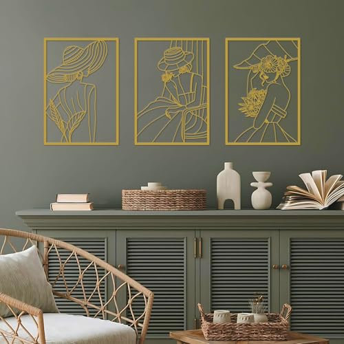Resama 3 Stück Metall Wandkunst Minimalistische Abstrakte Frau Wandkunst Einfache Weibliche Linie Zeichnung Wanddekor Home Hanging Wanddekor für Schlafzimmer Wohnzimmer (Gold)