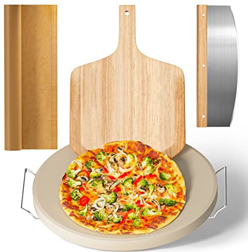 5 PCS Large Pizza Stone Set,Heavy Duty 16 Pizza Stone for Oven and Grill with Handle Rack,Pizza Peel(OAK), Pizza Cutter Rocker & Cooking Paper,Large Baking Stone for Pizza, Bread