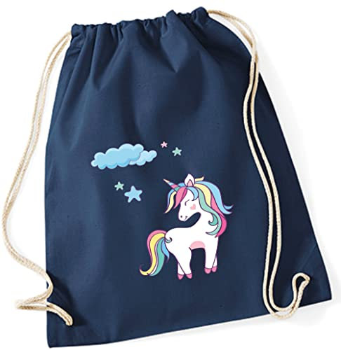 minimutz Turnbeutel Einhorn für Mädchen | Stoffbeutel Baumwolle Unicorn mit Sternen | Sportbeutel zum Zuziehen mit Kordel 37cm x 46cm (dunkelblau)