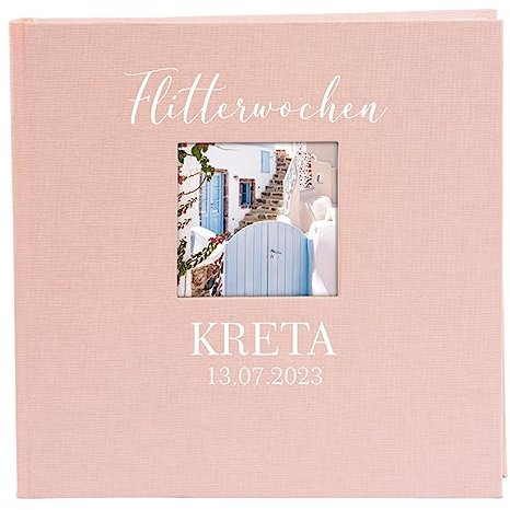 AWASG Fotobuch zum selbstgestalten einkleben mit Name | Fotoalbum 25x25 cm personalisiert mit Wunschtext | Album aus Leinen 60 Seiten weiß | Kommunion Hochzeit Taufe & Co. (rosa)
