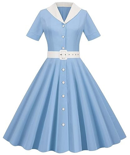 Damen Kleid 50er Jahre Hepburn Vintage Kleider Reverskragen Button Down Kurzarm Blau Freizeitkleid Tailliert Swing Strandkleid mit Gürtel Elegant Cocktailkleid für Jungfrau und Frauen Blau XXL