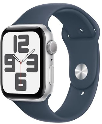 Apple Watch SE de 2.ª generación, 2023 [GPS] Smartwatch con Caja de Aluminio en Plata de 44 mm y Correa Deportiva Azul tempestad - Talla S/M. Monitor de entreno y sueño, Pantalla Retina