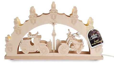 Saico - LED Schwibbogen (N) Ostalgie „Moped“ - 3D Lichterbogen Erzgebirge mit LED Beleuchtung - Nostalgie Deko mit Simson & Schwalbe Design - Weihnachtsdeko für Fensterbank & Regal - Made in Germany