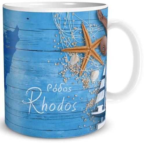 TRIOSK Tasse Rhodos Griechenland Insel Souvenir Geschenk Mediterran für Reiselustige Weltenbummler Frauen Männer Büro Kollegen, Keramik 300ml