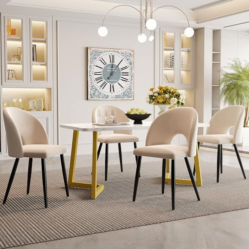 Dolamaní Essgruppe Set 120x70cm, Esstisch mit 4 Stühlen, Rechteckiger Esstisch Moderner Küchentisch Set, Esszimmerstuhl Mit Diamantmuster, Verstellbare Stuhlbeine, Samt (Gold V Tischbeine, Beige)